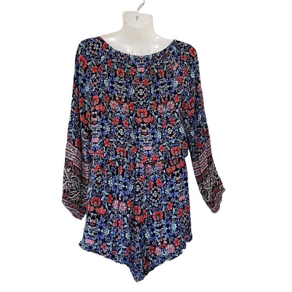 American Eagle Peasant Romper Blue and Red Floral Print - Picture 2 of 7